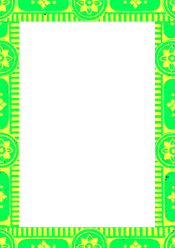 Transparent Neon Yellow and Green Vintage Border Frame, High-Contrast Geometric Ornament PNG, Pop Art Decorative Floral Frame with Empty Center, Edge Design for Graphic Overlay