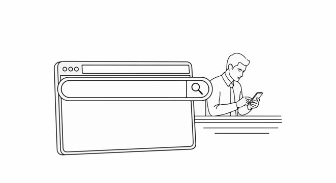 A man in a shirt and tie is looking at his phone next to a search bar