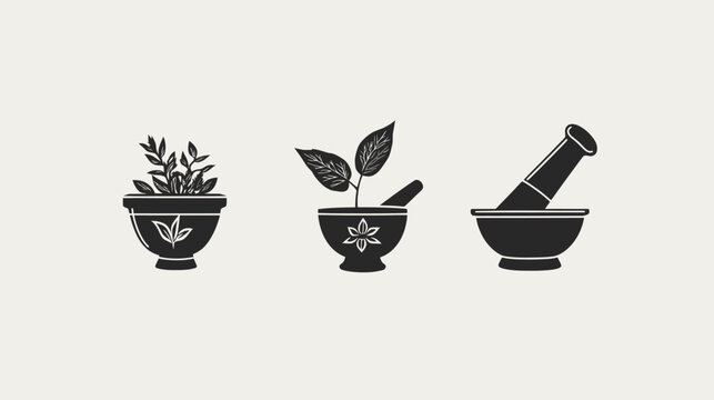 A minimalist illustration of three items a plant in a pot, a mortar and pestle with leaves, and a mortar and pestle