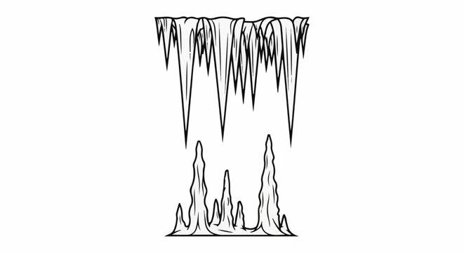 Black and white illustration of icicles and stalagmites in a cave