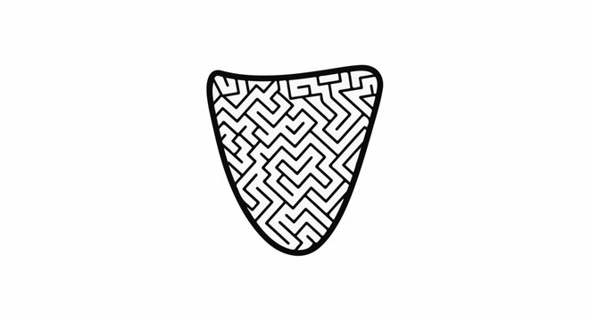 A black and white shield-shaped maze on a white background