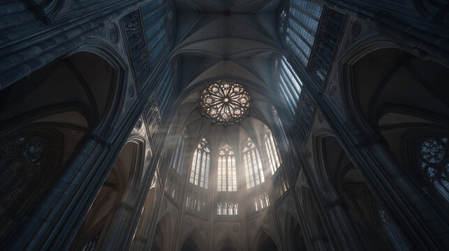 Gothic cathedral ceiling photographed from directly below during summer solstice morning, centuries-old stone ribbing converging toward a central rose window flooding the empty nave with prismatic l
