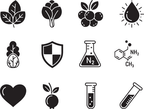 A collection of black and white icons representing plant growth, nutrients, and scientific processes.