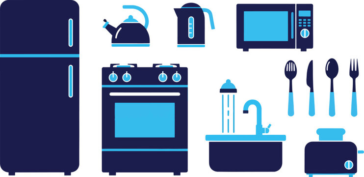 A flat illustration displays various kitchen appliances and utensils against a dark blue background. A refrigerator, oven, microwave, kettle, toaster, sink, and cutlery are arranged in a row.