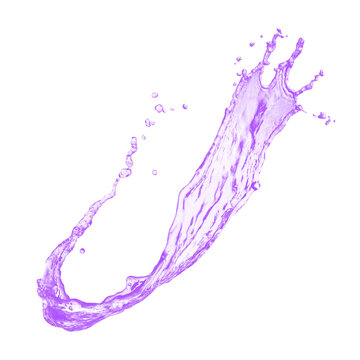 Purple liquid splash with water drops and flying droplets on a solid black background