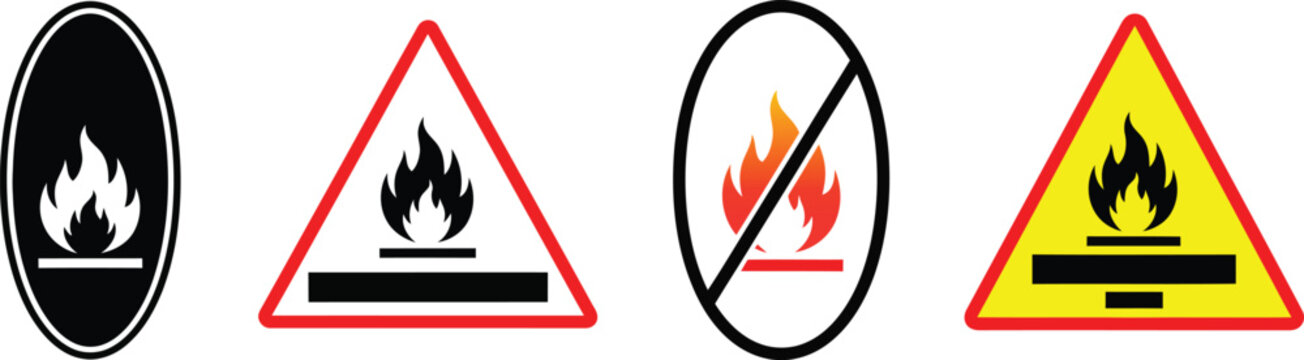 Fire icon safety warning signs black red orange and yellow triangle hazard symbols