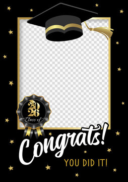 Class of 2026, graduation photo booth concept. Creative graduation photo booth design with art frame and graduation hat. Vector illustration