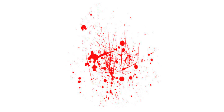 Vibrant red paint splatters and abstract liquid droplets on a solid black background