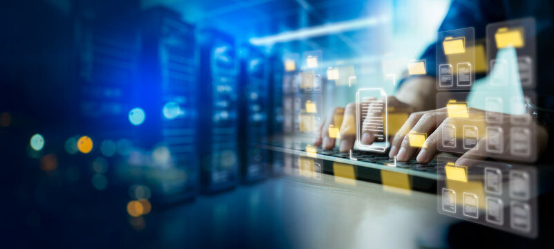 Data infrastructure and data pipeline development. Data integration.Data export and privacy request concept showing document files and folders being downloaded from an account system,Secure server