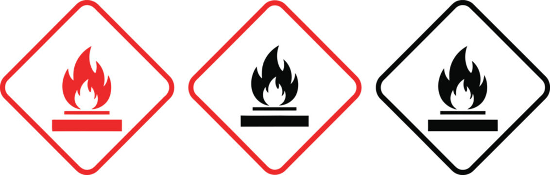 Fire icon safety signage diamond shaped warning symbols for flammable materials and fire hazards