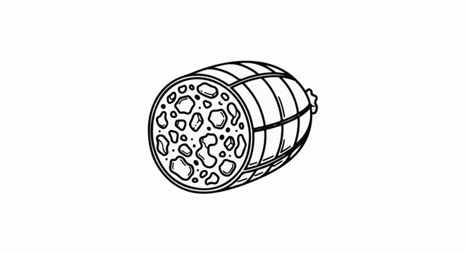 A cross-section of a salame log, showing its textured interior and banded casing