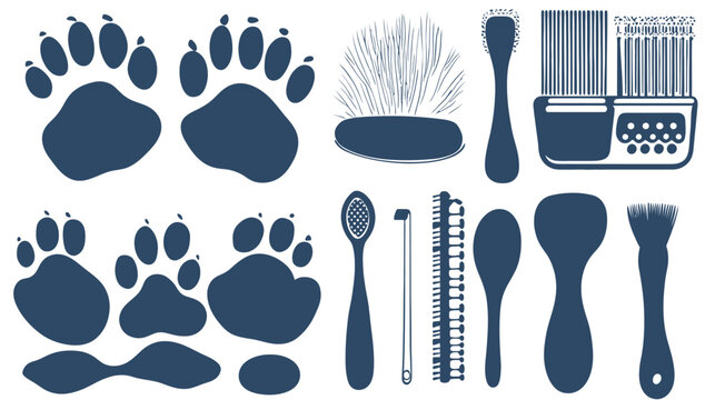 Silhouetted collection of various objects and tools, including paw prints, brushes, and grooming tools