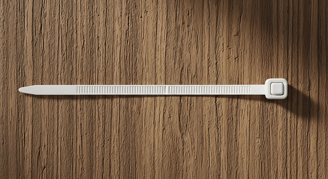 White zip tie on a wooden surface, close-up view, useful for organization and fastening