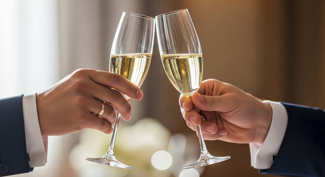 Grooms toasting with champagne glasses in elegant setting, celebrating love and commitment, hands holding flutes in close up. Special moment for weddings and engagements with joyful atmosphere.