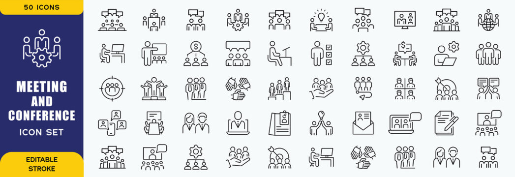 Meeting and conference icon set. collection in flat style. Icon pack contains conference, meeting, seminar, workshop, audience, presentation, networking, discussion, agenda, session