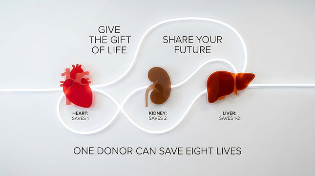 Organ donation infographic showcasing stylized heart, kidney, and liver, illustrating the gift of life and future sharing