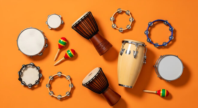 A vibrant top-down view of various percussion instruments scattered on an orange background