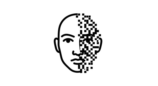 Conceptual digital representation of human face with pixelated effect on white background