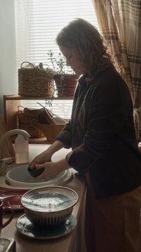 Vertical shot of middle aged woman washing dishes, cleaning plates in sink, working in small kitchen