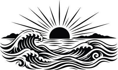 Fototapeta premium Ocean Wave Sunset Black and White Line Art with Sun Rays Sea Waves and Horizon Minimal Coastal Illustration