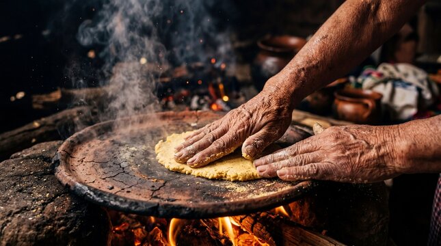 Traditional Handmade Corn Tortillas Cooking on Clay Comal Stove