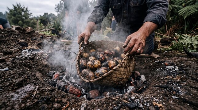 Traditional Earth Oven Cooking with Smoking Potatoes and Tubers