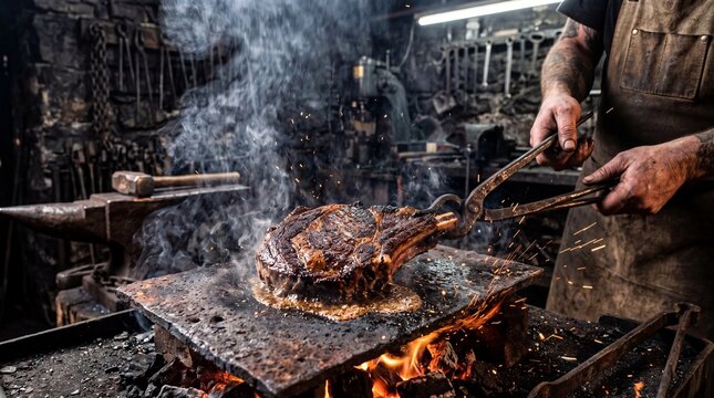 Steak Searing on Hot Iron Plate in Blacksmith Kitchen