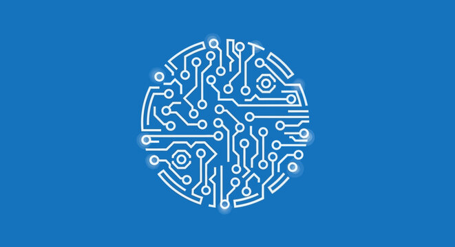 Circuit board design within a circle shape displayed against a vibrant blue backdrop