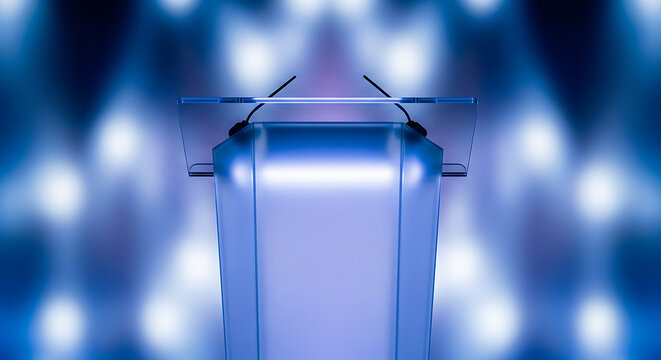 Clear glass podium with two microphones on a blue background Full HD 4K Download 2025 2026