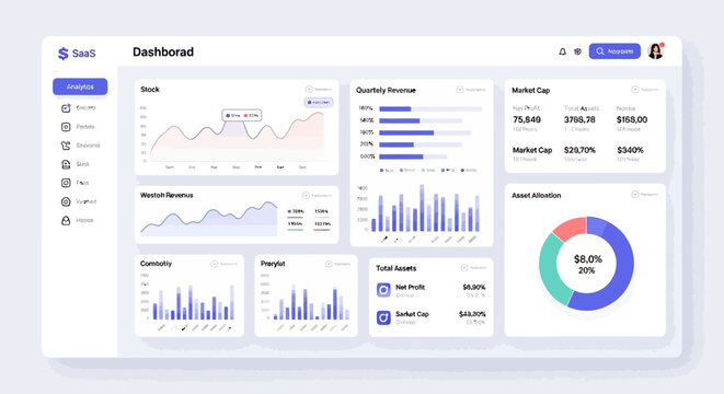 Modern digital dashboard interface showing various data visualizations and analytics.