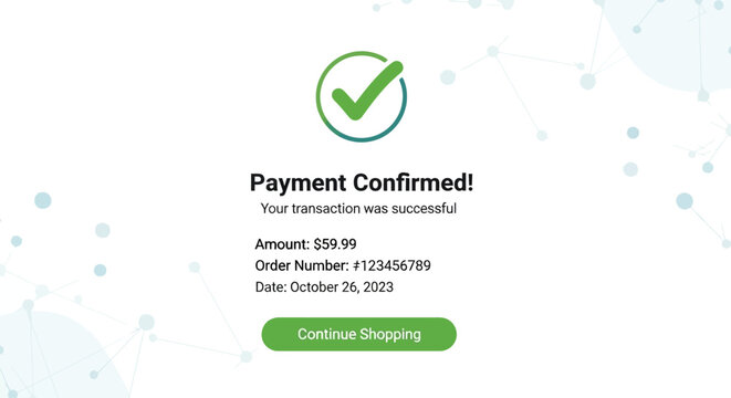 A close-up shot of a payment confirmation screen on a computer with a green checkmark and a successful transaction message in a clean, minimalistic design with a calming white and green