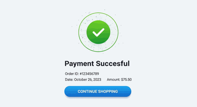 Successful online payment confirmation screen with transaction details and continue shopping button.