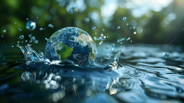 The Earth splashes into a serene natural water environment with trees.