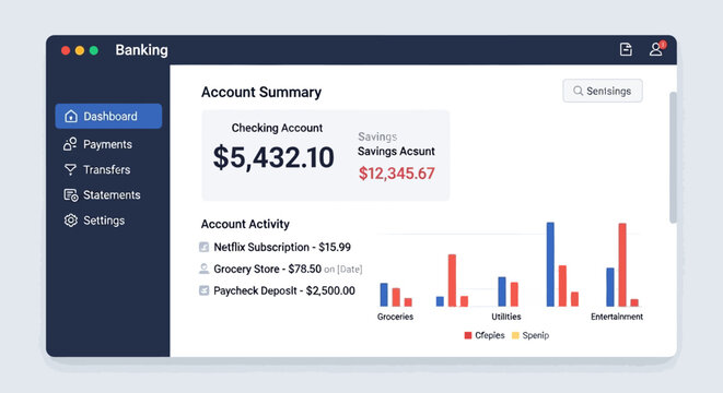 User interface design of a modern online banking account summary dashboard.