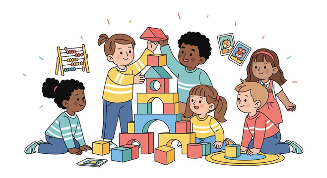 Diverse children building with colorful blocks, learning and playing together, childhood fun