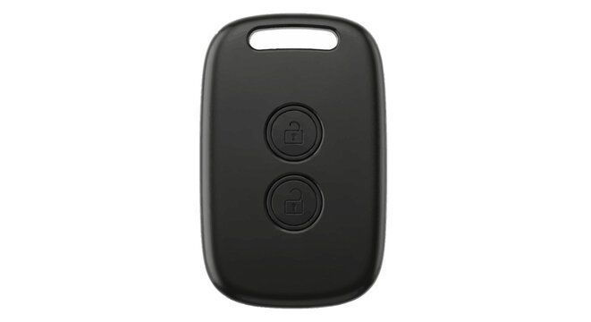 A sleek black car key remote with lock and unlock buttons, a modern design