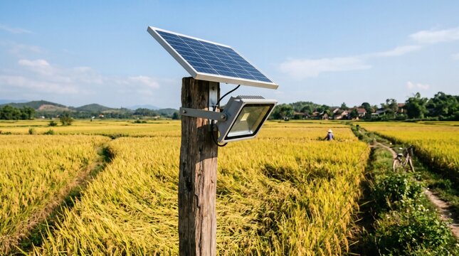 Solar Powered Floodlight Mounted on Post in Golden Rice Field.