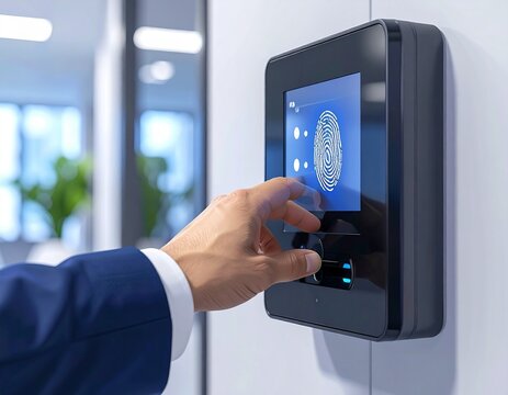 Fingerprint scan on biometric attendance system in office, identity verification and modern security technology concept