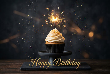 Obraz premium Happy birthday cupcake with sparkler celebration firework and golden confetti on dark background
