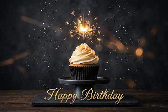 Happy birthday cupcake with sparkler celebration firework and golden confetti on dark background