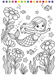 Obraz premium Cute mermaid in underwater flower garden coloring page for kids fantasy line art illustration