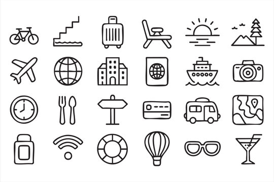 Travel Tourism Icons, Vacation and Transportation Line Symbols