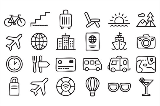 Vacation Icon Set, Travel, Transport and Holiday Symbols