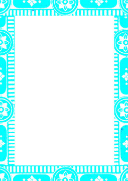 Transparent Cyan Blue Vintage Border Frame, High-Contrast Geometric Ornament PNG, Pop Art Decorative Floral Frame with Empty Center, Fresh Edge Design for Graphic Overlay