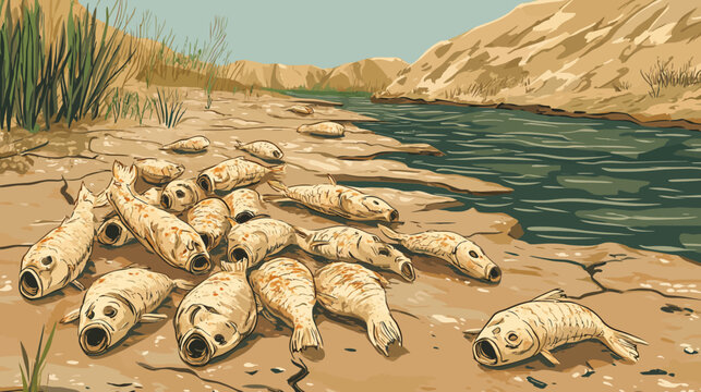 Illustration depicting a scene of dead fish on the bank of a river or lake, dry landscape