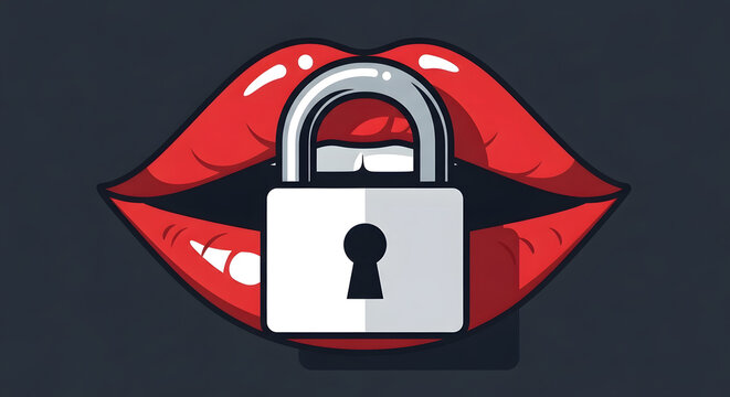 Pop Art Illustration of Red Lips with a Silver Padlock | Symbolic Concept of Silence and Keeping Secrets | Censorship and Restricted Speech Representation | Conceptual Graphic for Privacy and Security