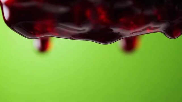 Glorious Red Liquid Dripping Against a Vibrant Green Background, Capturing the Elegance of Movement and Color in a Vivid Macro Shot Enhanced by Drama and Texture