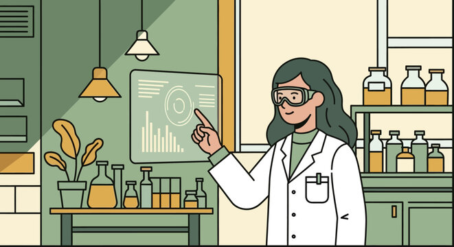 Scientist in lab coat interacting with futuristic touchscreen display in laboratory