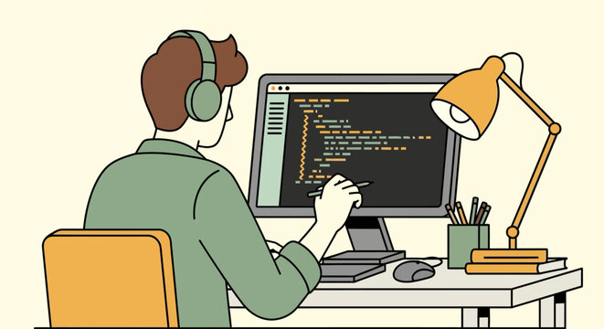 Minimalist coder working on project with headphones in office setup