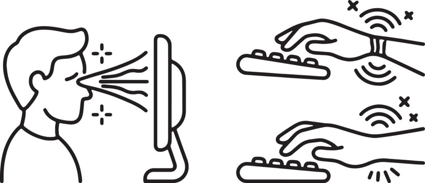 Web, Person suffering from computer eye strain and hands typing on keyboard outline icons.